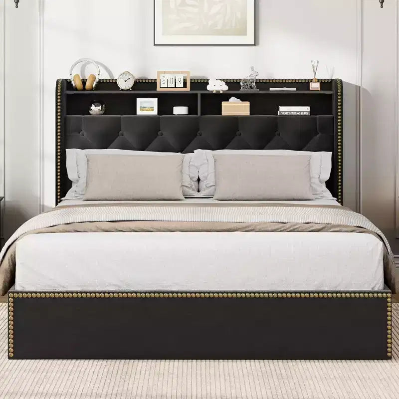 Acekool Upholstered Platform Bed Frame with 2-Tier Storage Headboard and 4 Drawers, Black Velvet