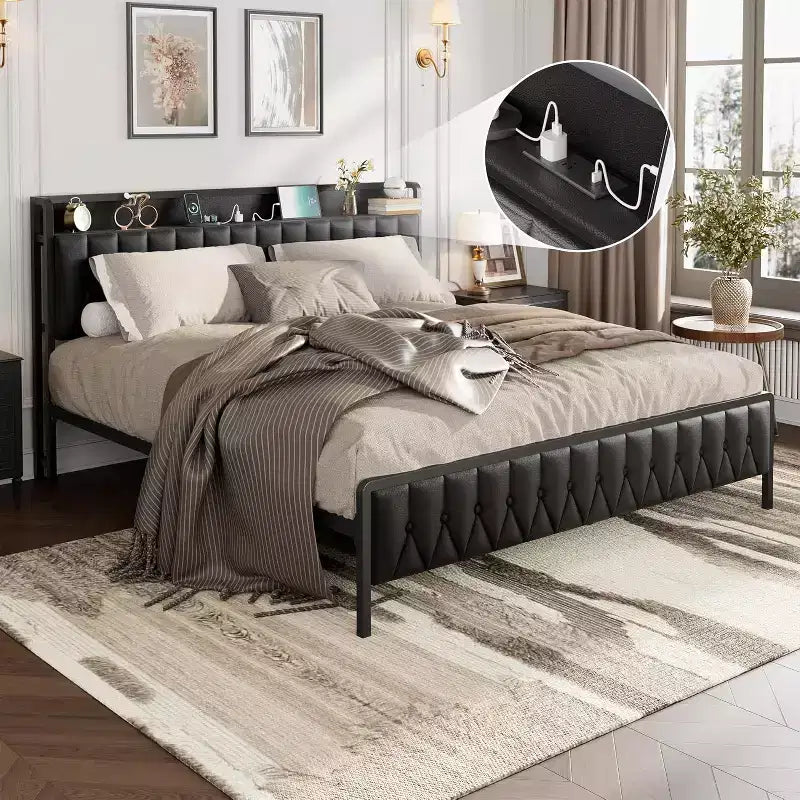 Acekool Queen Metal Bed Frame with Charging Station, Faux Leather Storage Headboard and Footboard