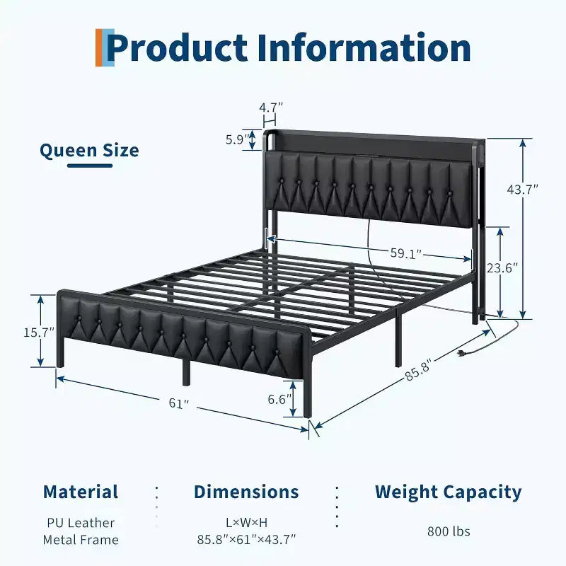 Acekool Queen Metal Bed Frame with Charging Station, Faux Leather Storage Headboard and Footboard