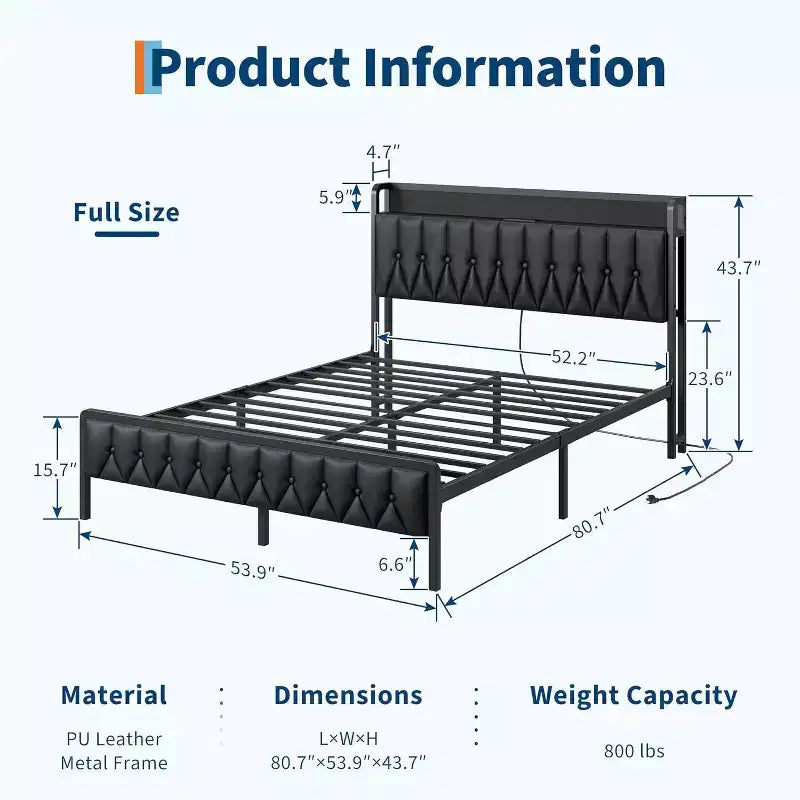 Acekool Queen Metal Bed Frame with Charging Station, Faux Leather Storage Headboard and Footboard