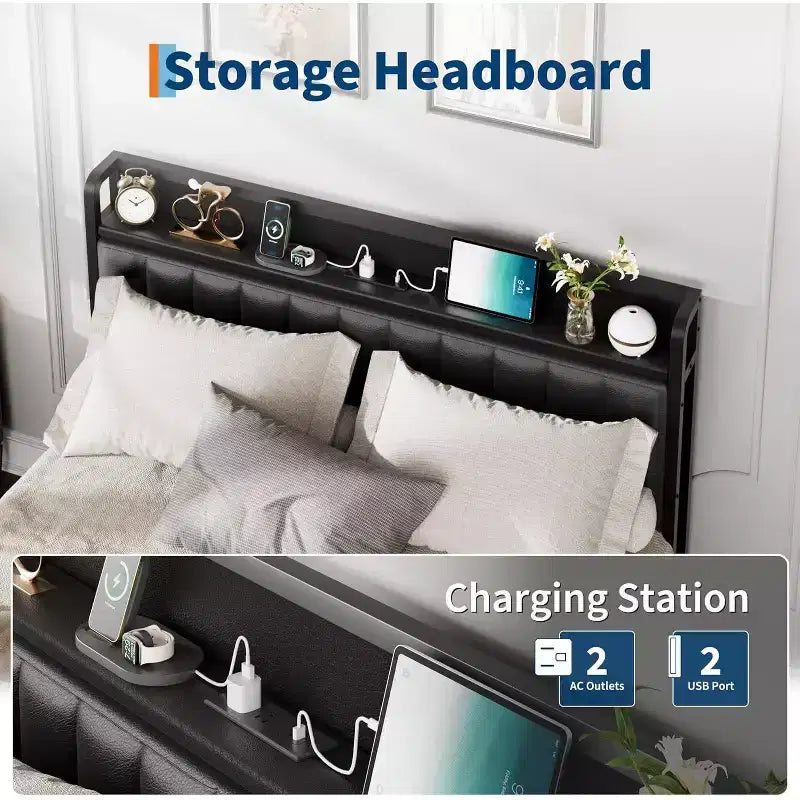 Acekool Queen Metal Bed Frame with Charging Station, Faux Leather Storage Headboard and Footboard