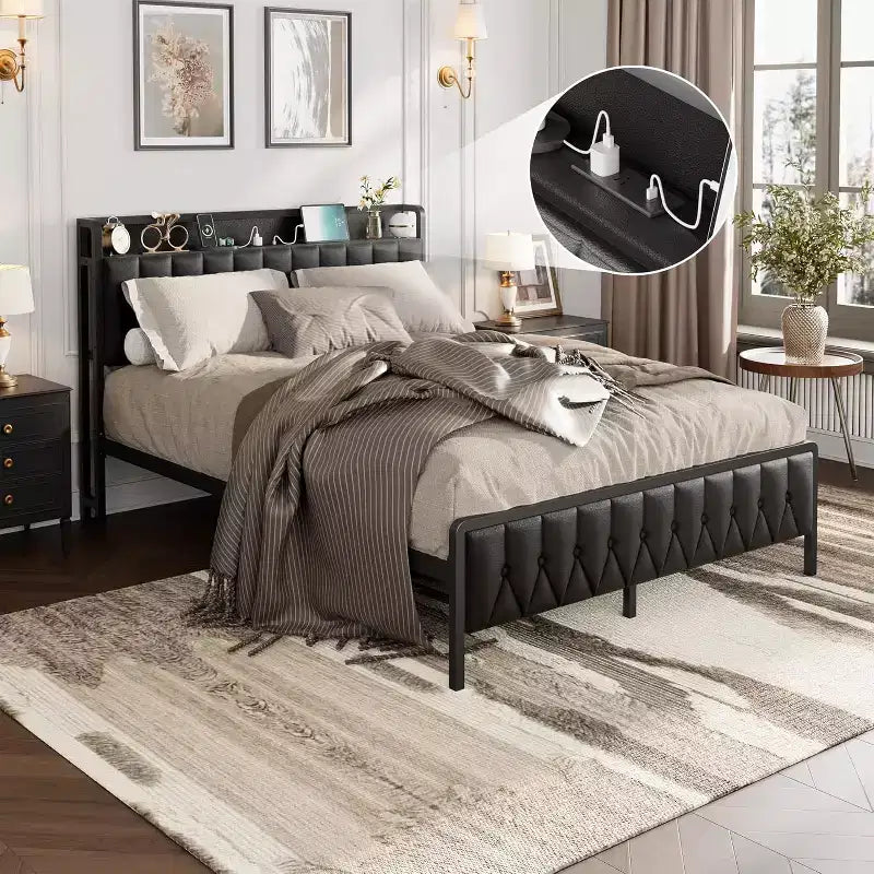 Acekool Queen Metal Bed Frame with Charging Station, Faux Leather Storage Headboard and Footboard