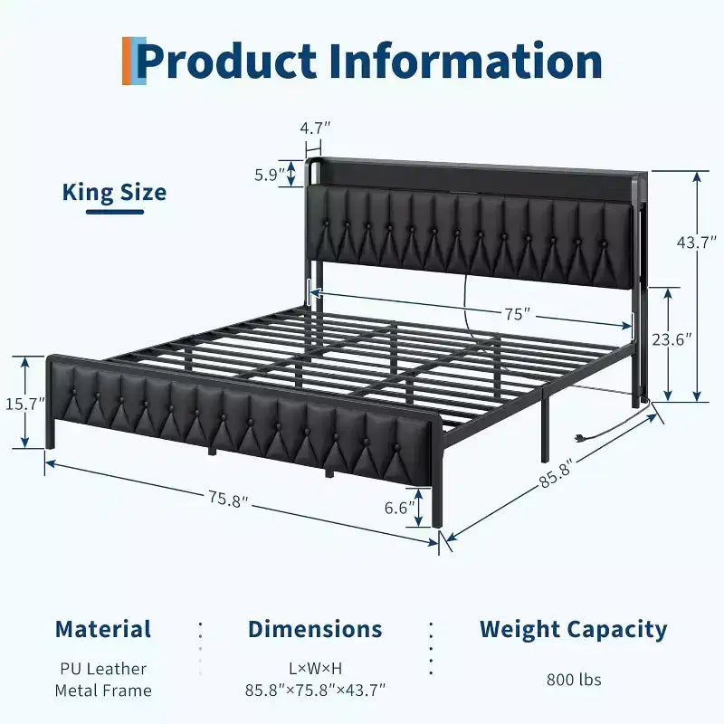 Acekool Queen Metal Bed Frame with Charging Station, Faux Leather Storage Headboard and Footboard