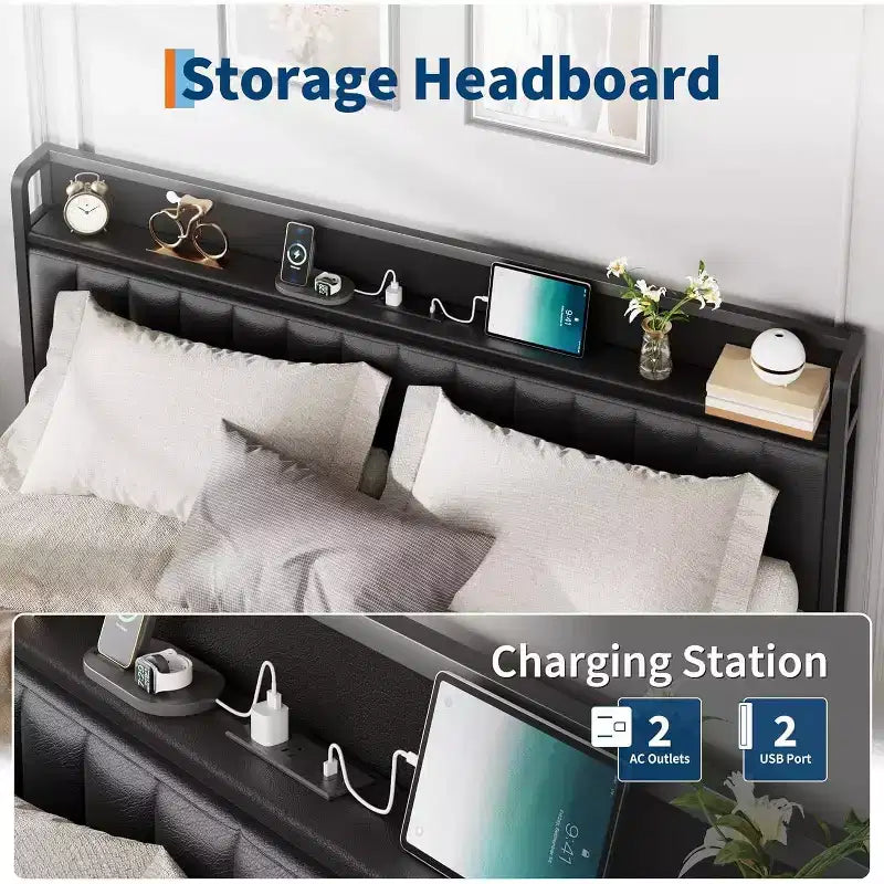Acekool Queen Metal Bed Frame with Charging Station, Faux Leather Storage Headboard and Footboard