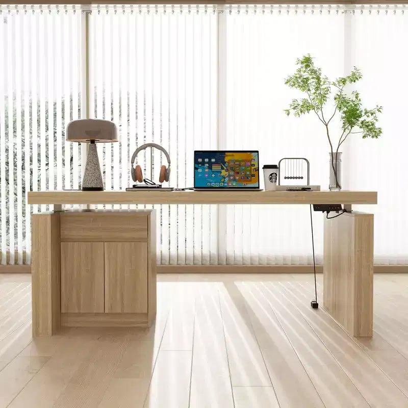 Famapy Height-Adjustable Computer Desk Office Desk  Built-In Storage Cabinet & Drawer