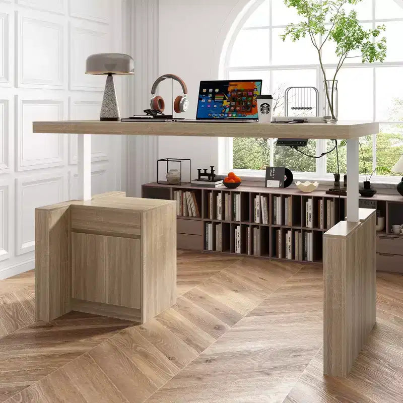 Famapy Height-Adjustable Computer Desk Office Desk  Built-In Storage Cabinet & Drawer
