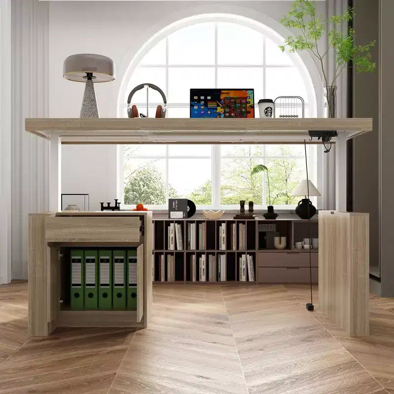 Famapy Height-Adjustable Computer Desk Office Desk  Built-In Storage Cabinet & Drawer