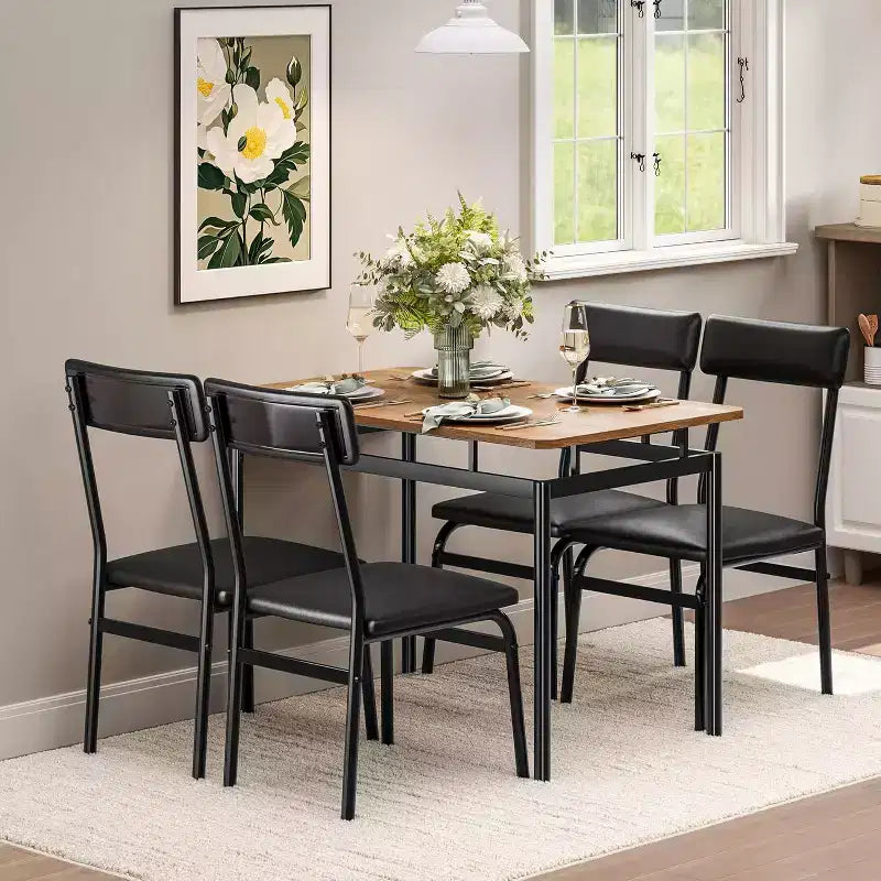 Acekool 5-Piece Dining Table Set, Brown Woodgrain Table , Space Saving, for Kitchen