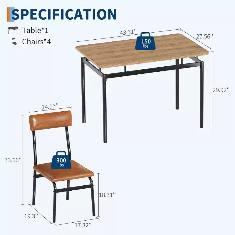 Acekool 5-Piece Dining Table Set, Brown Woodgrain Table , Space Saving, for Kitchen