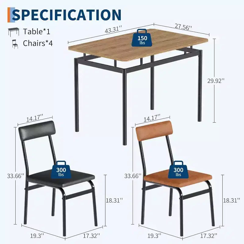 Acekool 5-Piece Dining Table Set, Brown Woodgrain Table , Space Saving, for Kitchen