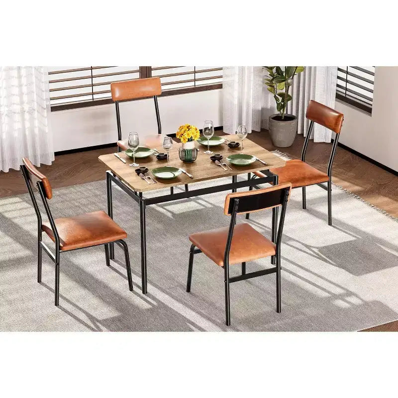 Acekool 5-Piece Dining Table Set, Brown Woodgrain Table , Space Saving, for Kitchen