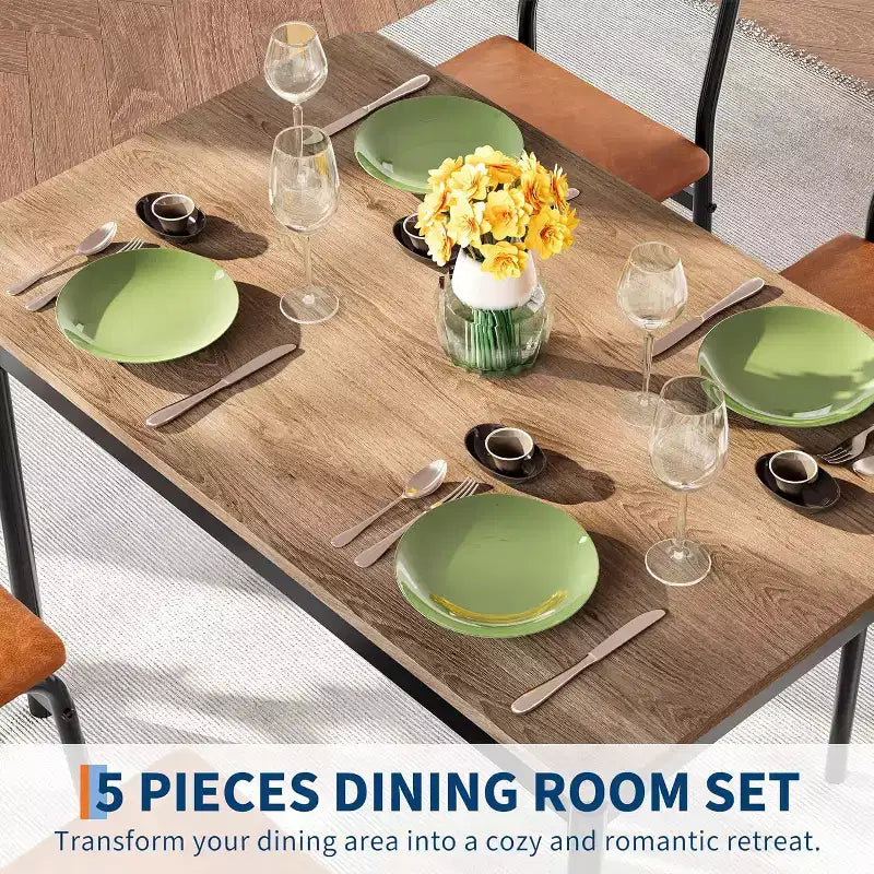 Acekool 5-Piece Dining Table Set, Brown Woodgrain Table , Space Saving, for Kitchen