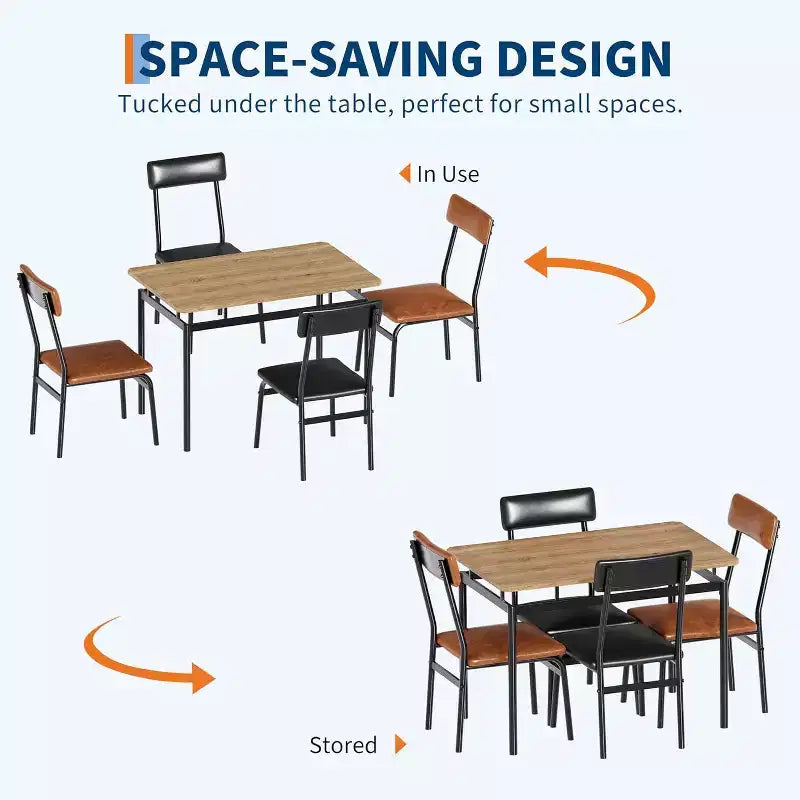 Acekool 5-Piece Dining Table Set, Brown Woodgrain Table , Space Saving, for Kitchen