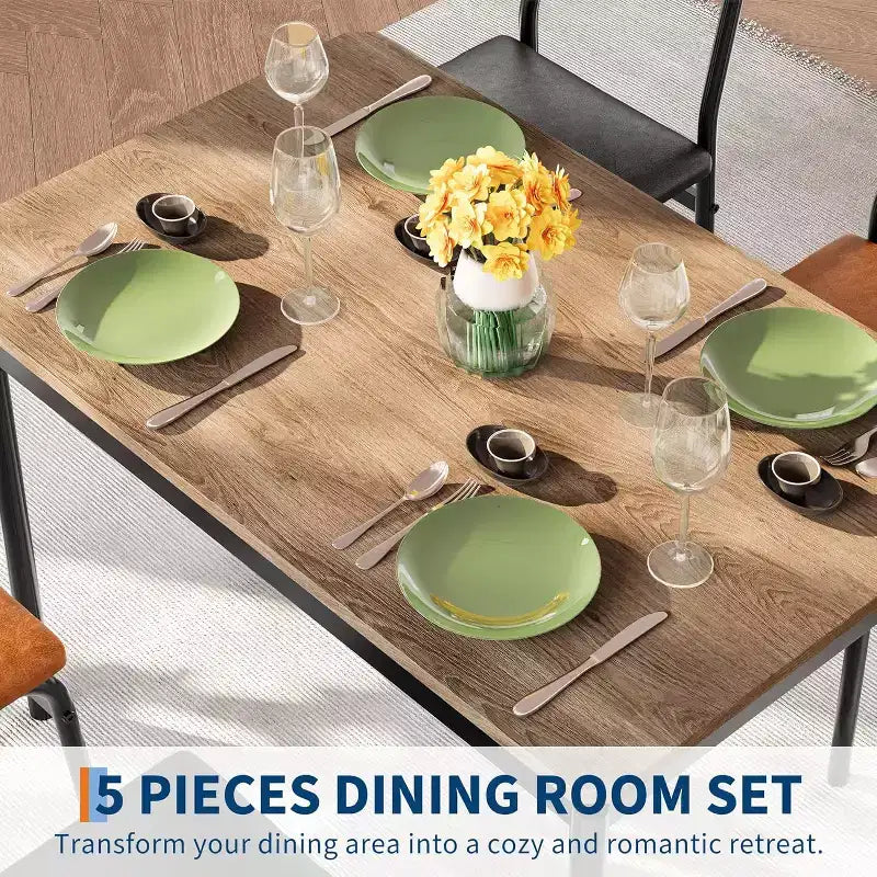 Acekool 5-Piece Dining Table Set, Brown Woodgrain Table , Space Saving, for Kitchen