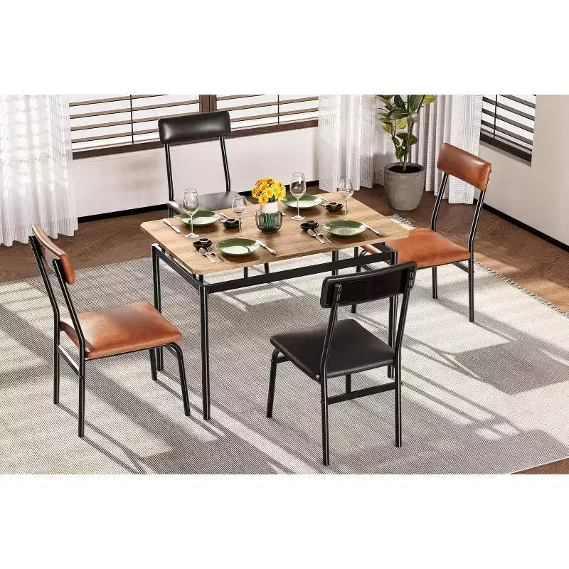 Acekool 5-Piece Dining Table Set, Brown Woodgrain Table , Space Saving, for Kitchen