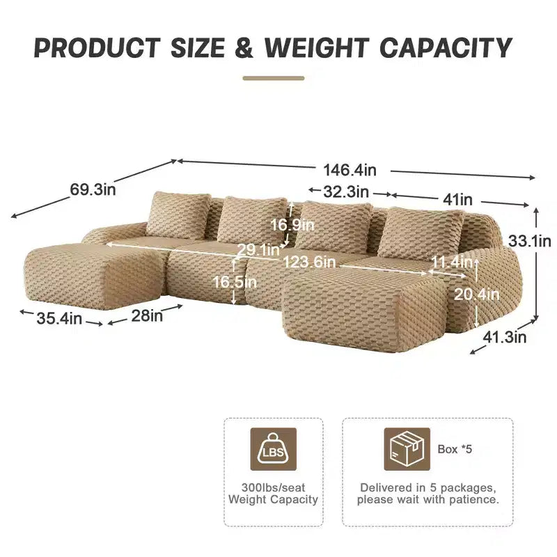 146 Modern U-Shaped Modular Sectional Sofa for Living Room,Flannelette Fabric,Oversized 4-Seater Couch,boneless sofa