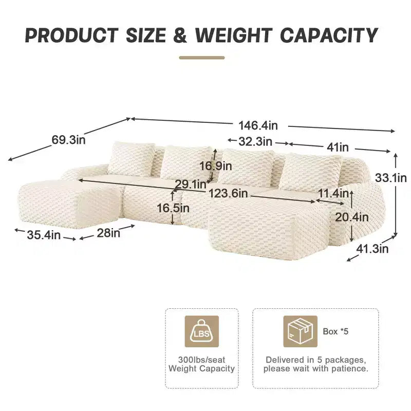 146 Modern U-Shaped Modular Sectional Sofa for Living Room,Flannelette Fabric,Oversized 4-Seater Couch,boneless sofa