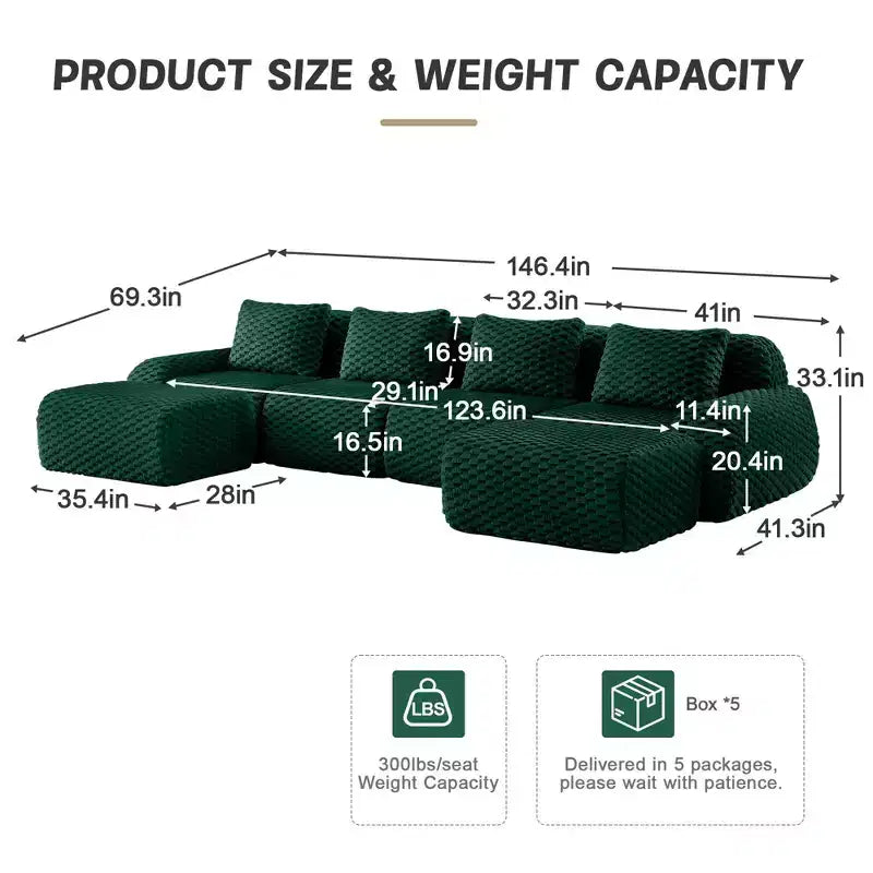 146 Modern U-Shaped Modular Sectional Sofa for Living Room,Flannelette Fabric,Oversized 4-Seater Couch,boneless sofa