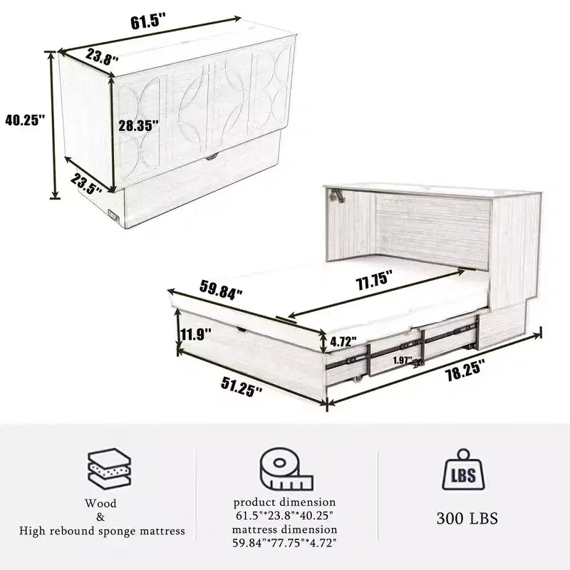 GDFStudio Enlor Modern Wooden Murphy Bed Chest with Folding Foam Mattress, Charging Station and Storage Drawers