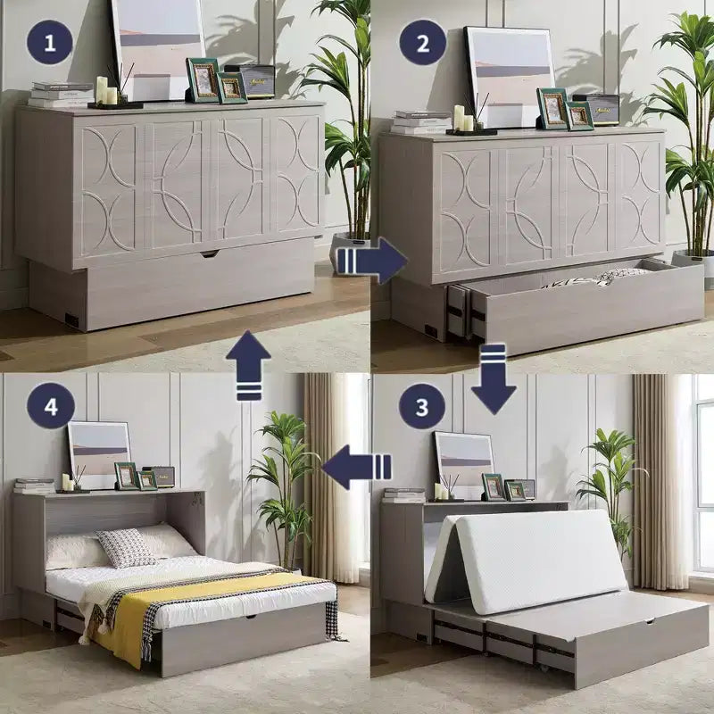 GDFStudio Enlor Modern Wooden Murphy Bed Chest with Folding Foam Mattress, Charging Station and Storage Drawers