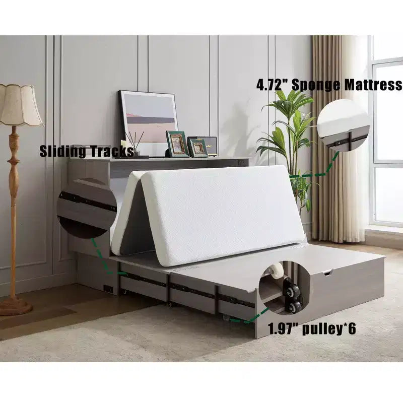GDFStudio Enlor Modern Wooden Murphy Bed Chest with Folding Foam Mattress, Charging Station and Storage Drawers