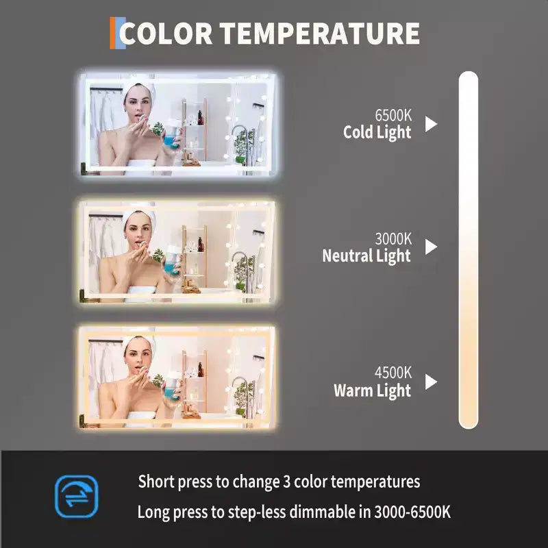 No Frame Led Bathroom Mirror with Front and Backlit, Stepless Dimmabl, Anti-Fog, Shatter-Proof for Wall (Horizontal/Vertical)