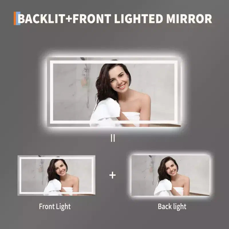 No Frame Led Bathroom Mirror with Front and Backlit, Stepless Dimmabl, Anti-Fog, Shatter-Proof for Wall (Horizontal/Vertical)