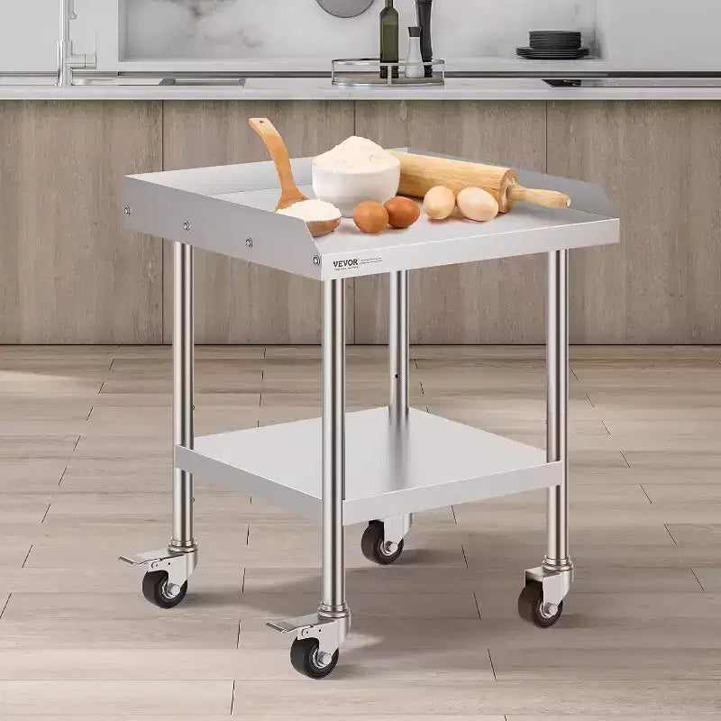 Stainless Steel Workbench Commercial Food Prep Table with 4 Wheels, 3-sided Splash Guard, Heavy-duty Metal Work Table for Restaurant, Home, and Hotel