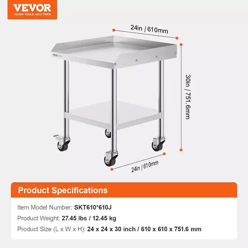 Stainless Steel Workbench Commercial Food Prep Table with 4 Wheels, 3-sided Splash Guard, Heavy-duty Metal Work Table for Restaurant, Home, and Hotel