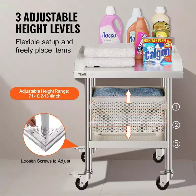 Stainless Steel Workbench Commercial Food Prep Table with 4 Wheels, 3-sided Splash Guard, Heavy-duty Metal Work Table for Restaurant, Home, and Hotel