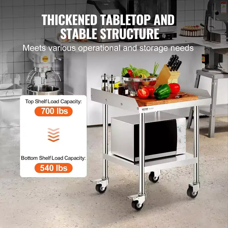 Stainless Steel Workbench Commercial Food Prep Table with 4 Wheels, 3-sided Splash Guard, Heavy-duty Metal Work Table for Restaurant, Home, and Hotel