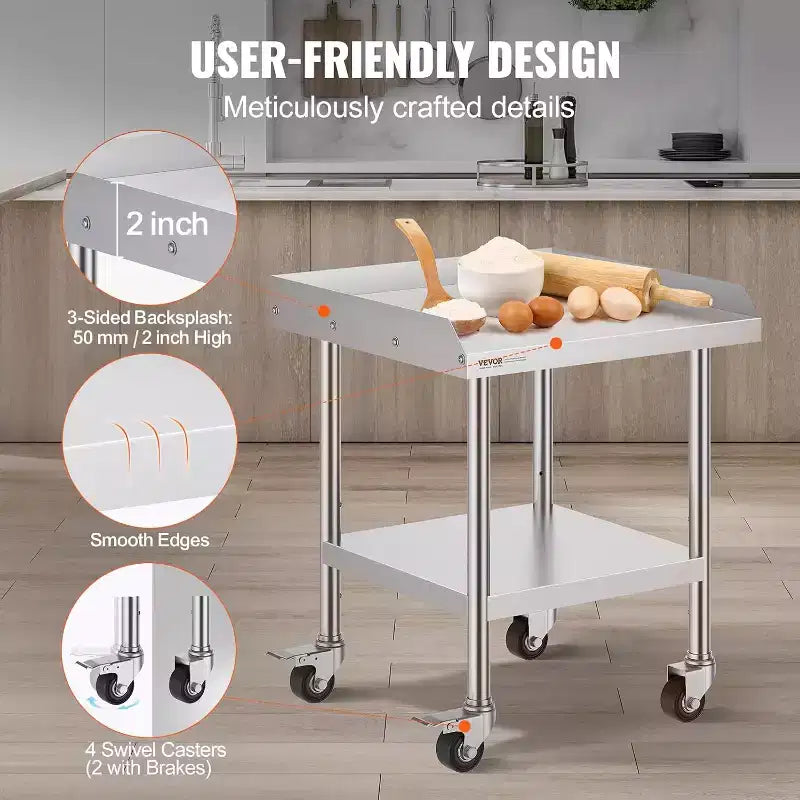 Stainless Steel Workbench Commercial Food Prep Table with 4 Wheels, 3-sided Splash Guard, Heavy-duty Metal Work Table for Restaurant, Home, and Hotel