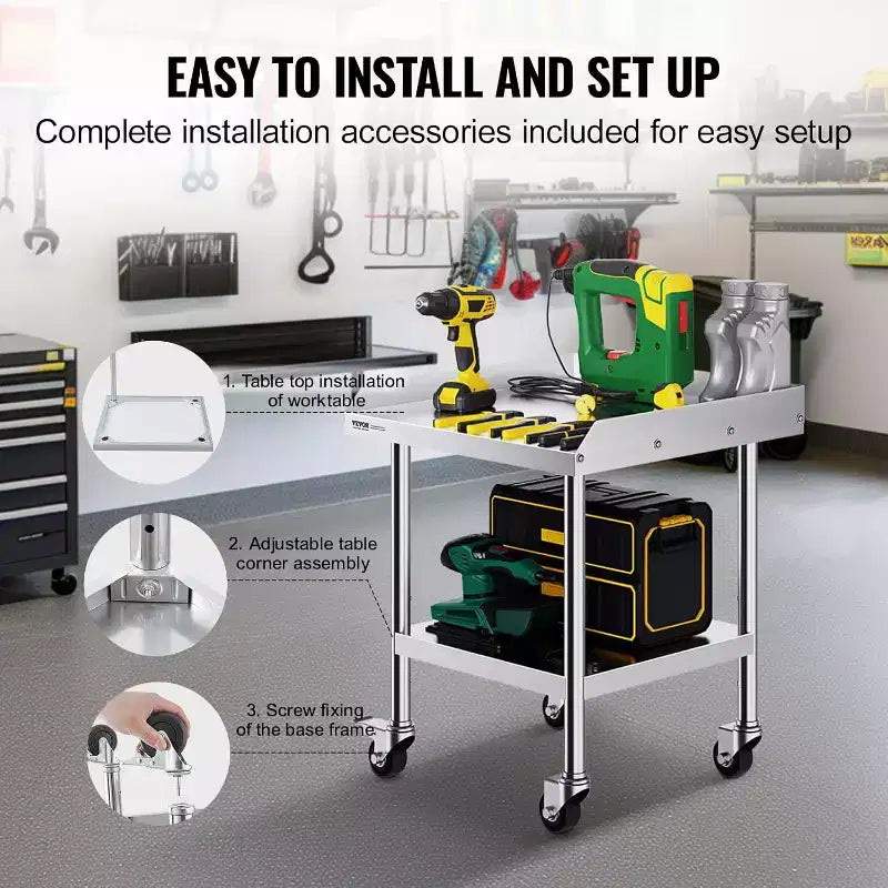 Stainless Steel Workbench Commercial Food Prep Table with 4 Wheels, 3-sided Splash Guard, Heavy-duty Metal Work Table for Restaurant, Home, and Hotel