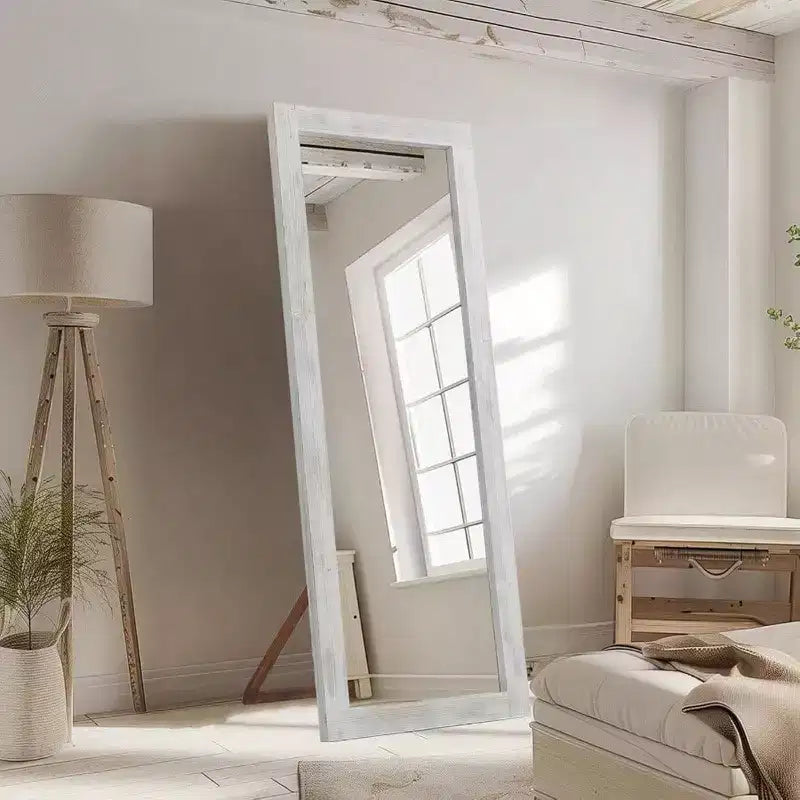 Rustic Full Length Mirror, 64x21 Weathering White. Wood frame, versatile for free standing, leaning, or wall hanging