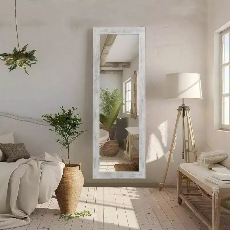 Rustic Full Length Mirror, 64x21 Weathering White. Wood frame, versatile for free standing, leaning, or wall hanging