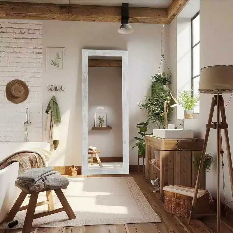 Rustic Full Length Mirror, 64x21 Weathering White. Wood frame, versatile for free standing, leaning, or wall hanging