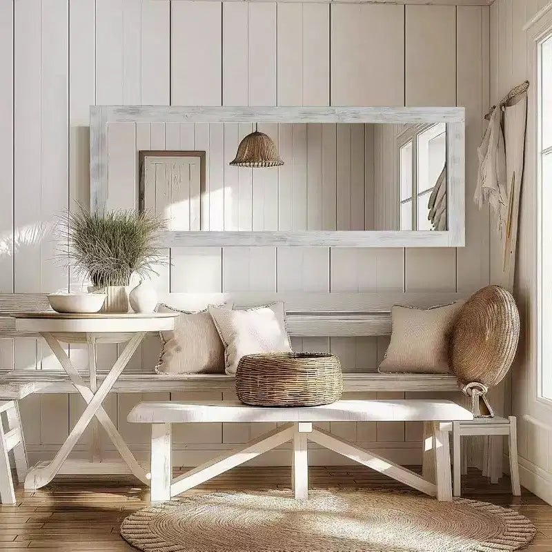 Rustic Full Length Mirror, 64x21 Weathering White. Wood frame, versatile for free standing, leaning, or wall hanging
