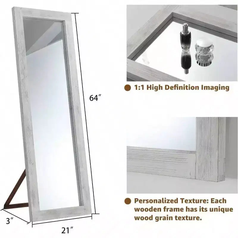 Rustic Full Length Mirror, 64x21 Weathering White. Wood frame, versatile for free standing, leaning, or wall hanging