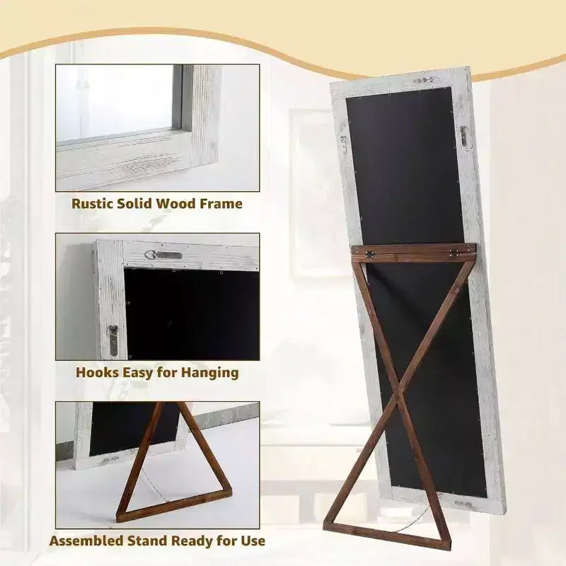 Rustic Full Length Mirror, 64x21 Weathering White. Wood frame, versatile for free standing, leaning, or wall hanging
