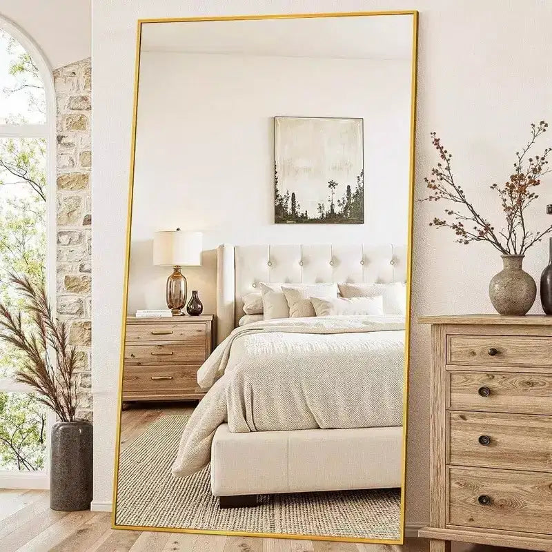 91x46 Gold Rectangular Full Body Mirror with Stand. An Oversized Floor Mirror for Freestanding or Hanging Use