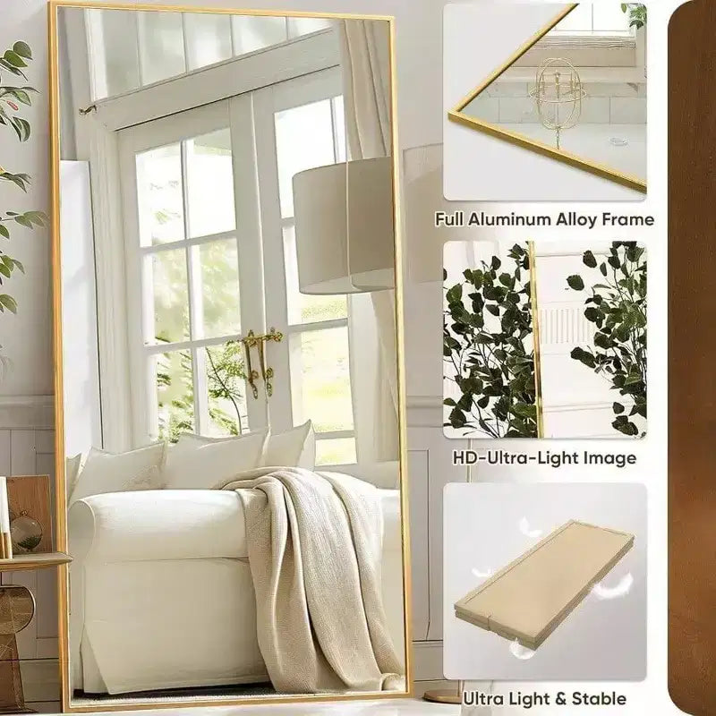 91x46 Gold Rectangular Full Body Mirror with Stand. An Oversized Floor Mirror for Freestanding or Hanging Use