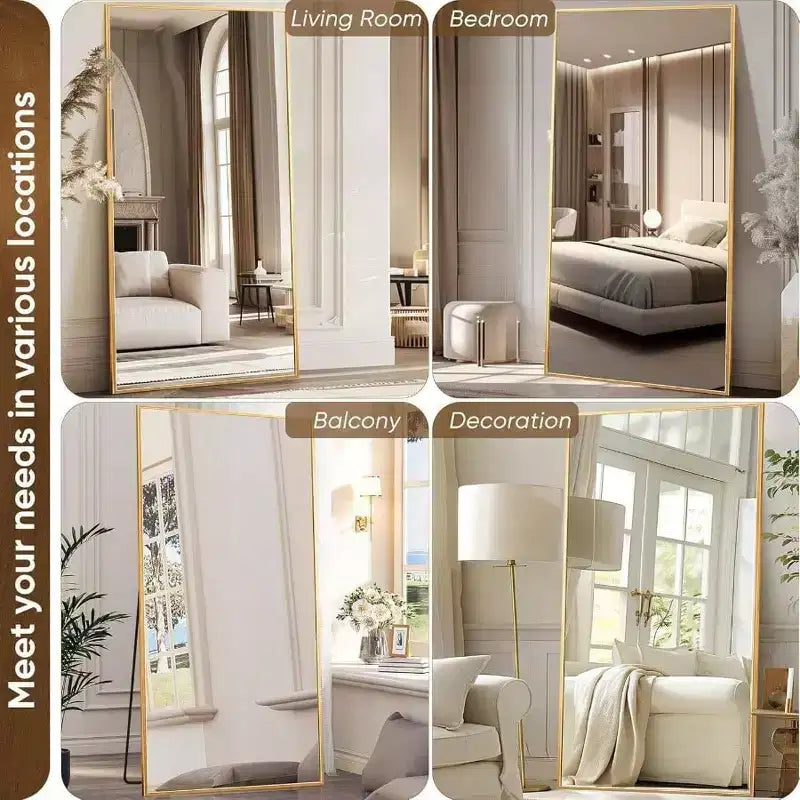 91x46 Gold Rectangular Full Body Mirror with Stand. An Oversized Floor Mirror for Freestanding or Hanging Use