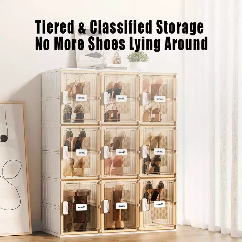 4 PCS Shoe Organizer, Clear Plastic Stackable Shoe Organizer for Closet, Clear Plastic Stackable Shoe Box for Entryway Space Saving Collapsible