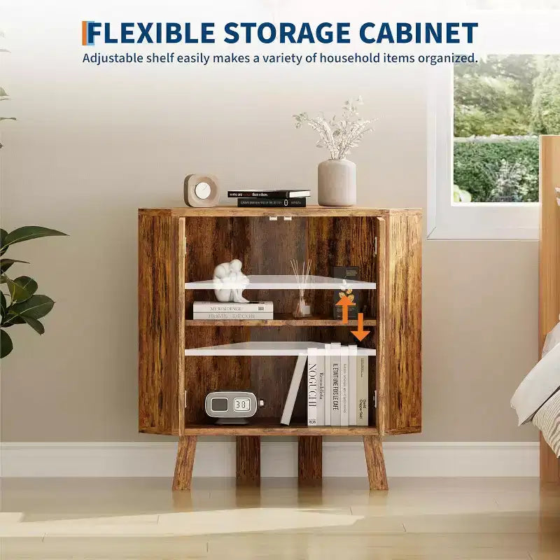 3-Tier Farmhouse Corner Storage Cabinet with Adjustable Shelf, Wooden Corner Table with Doors & Triangle End Table for Living Room & Kitchen