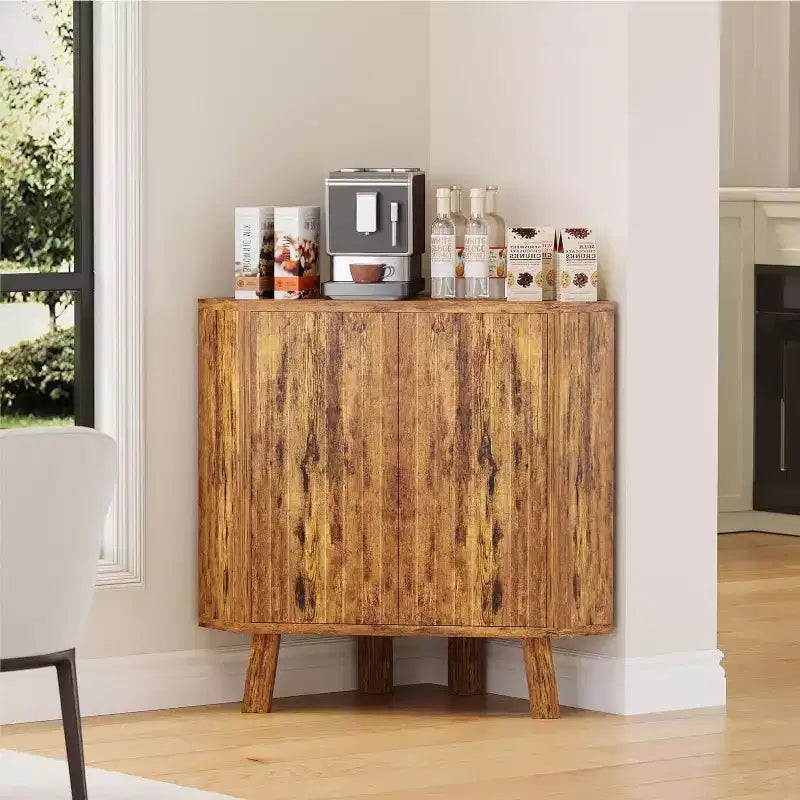 3-Tier Farmhouse Corner Storage Cabinet with Adjustable Shelf, Wooden Corner Table with Doors & Triangle End Table for Living Room & Kitchen