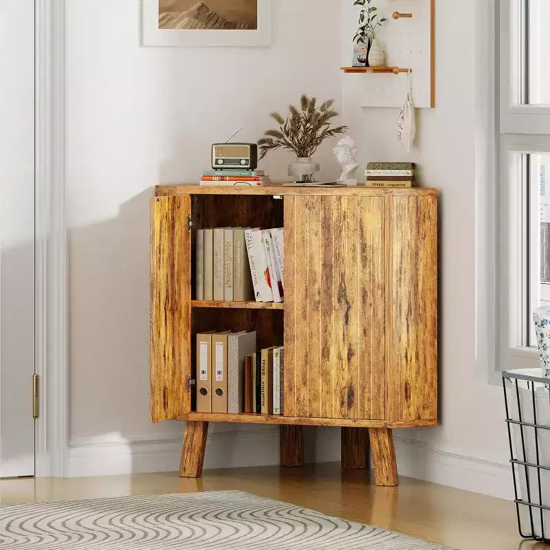 3-Tier Farmhouse Corner Storage Cabinet with Adjustable Shelf, Wooden Corner Table with Doors & Triangle End Table for Living Room & Kitchen