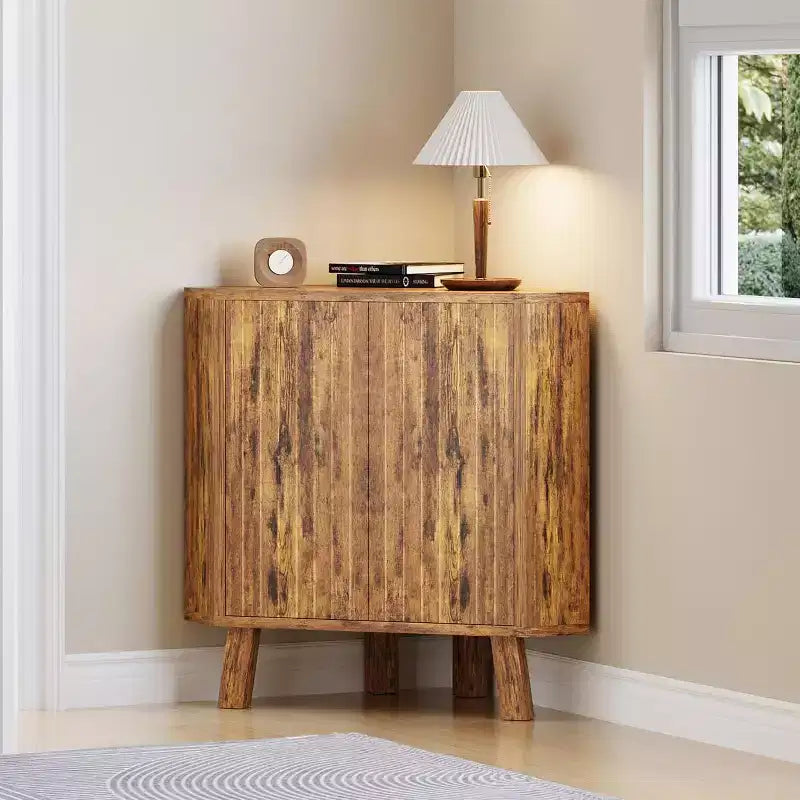 3-Tier Farmhouse Corner Storage Cabinet with Adjustable Shelf, Wooden Corner Table with Doors & Triangle End Table for Living Room & Kitchen