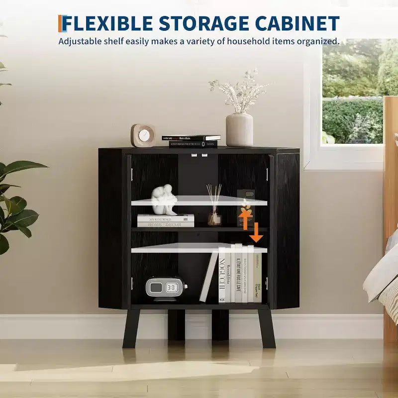 3-Tier Farmhouse Corner Storage Cabinet with Adjustable Shelf, Wooden Corner Table with Doors & Triangle End Table for Living Room & Kitchen