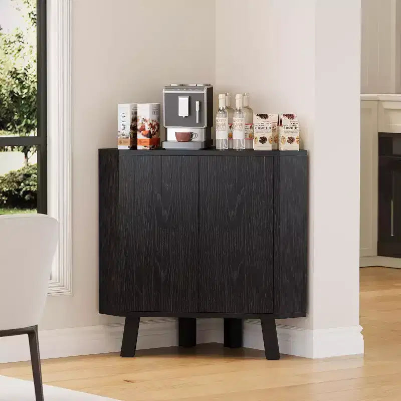 3-Tier Farmhouse Corner Storage Cabinet with Adjustable Shelf, Wooden Corner Table with Doors & Triangle End Table for Living Room & Kitchen