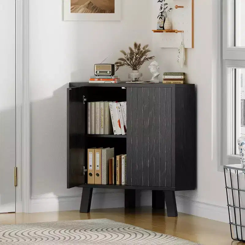 3-Tier Farmhouse Corner Storage Cabinet with Adjustable Shelf, Wooden Corner Table with Doors & Triangle End Table for Living Room & Kitchen